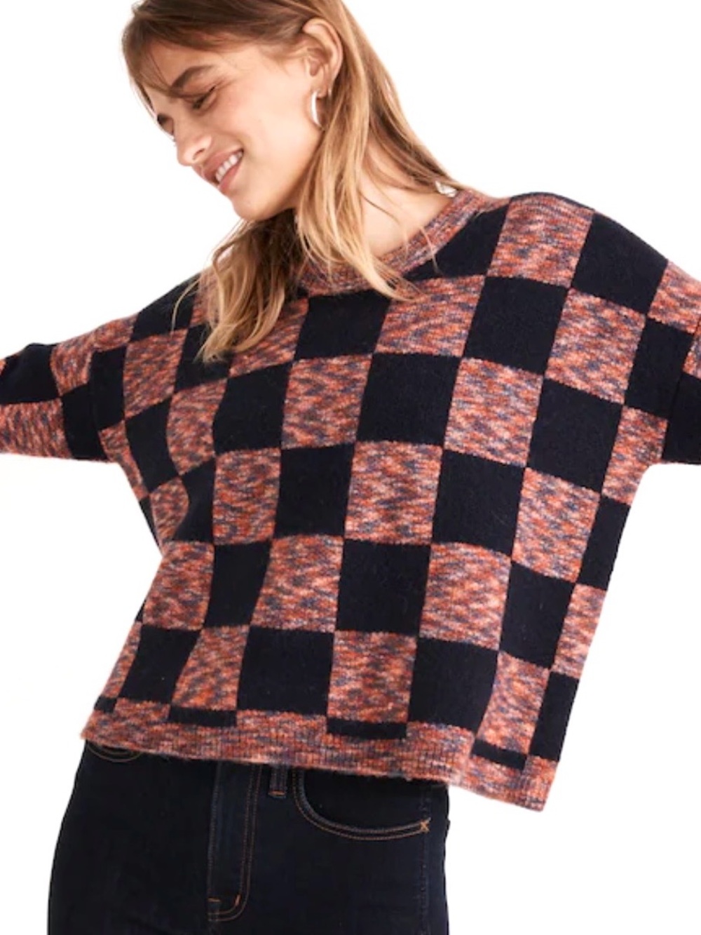 Madewell Checkered Pullover Sweater Womens Size XL Heather Blueberry Slouchy